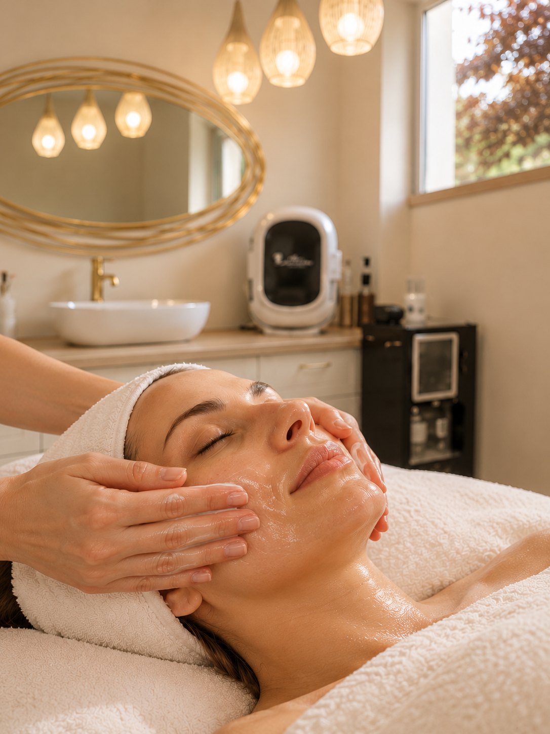 Masaje facial relajante en una cabina cálida y luminosa