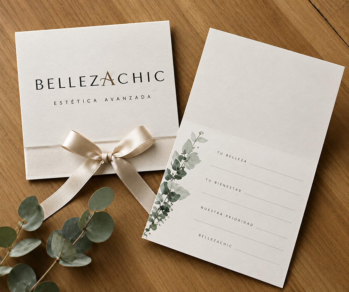 Tarjeta regalo de Belleza Chic con lazo de satén y rama de eucalipto